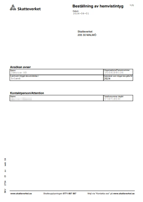 Skatteverket tax residency form filled in