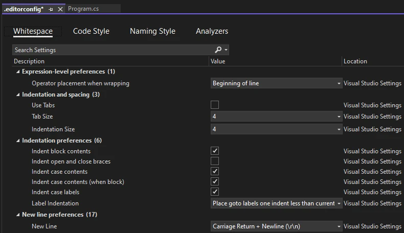 Default editorconfig according to Visual Studio